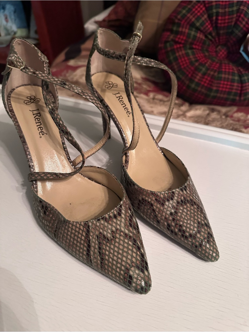 J.Renee Pointed Snake-Print Cross-Strap Pump in Green and Gray